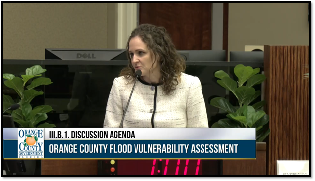 Chief Sustainability and Resilience Officer Carrie Black speaking about the Orange County Flood Vulnerability Assessments at a Board of County Commissioners Meeting (BCC).