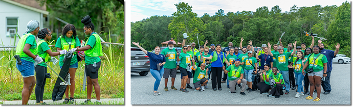 Photos of girls picking up trash and a group photo with Commissioner Uribe