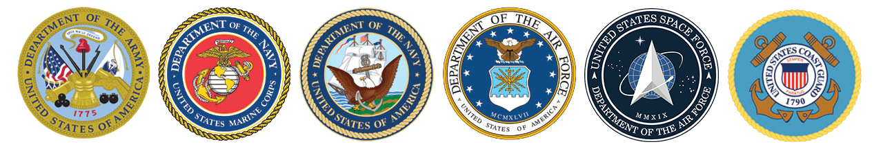 Logos of the military branches including the army, the navy, the national guard, the air force, the marines, and the space force